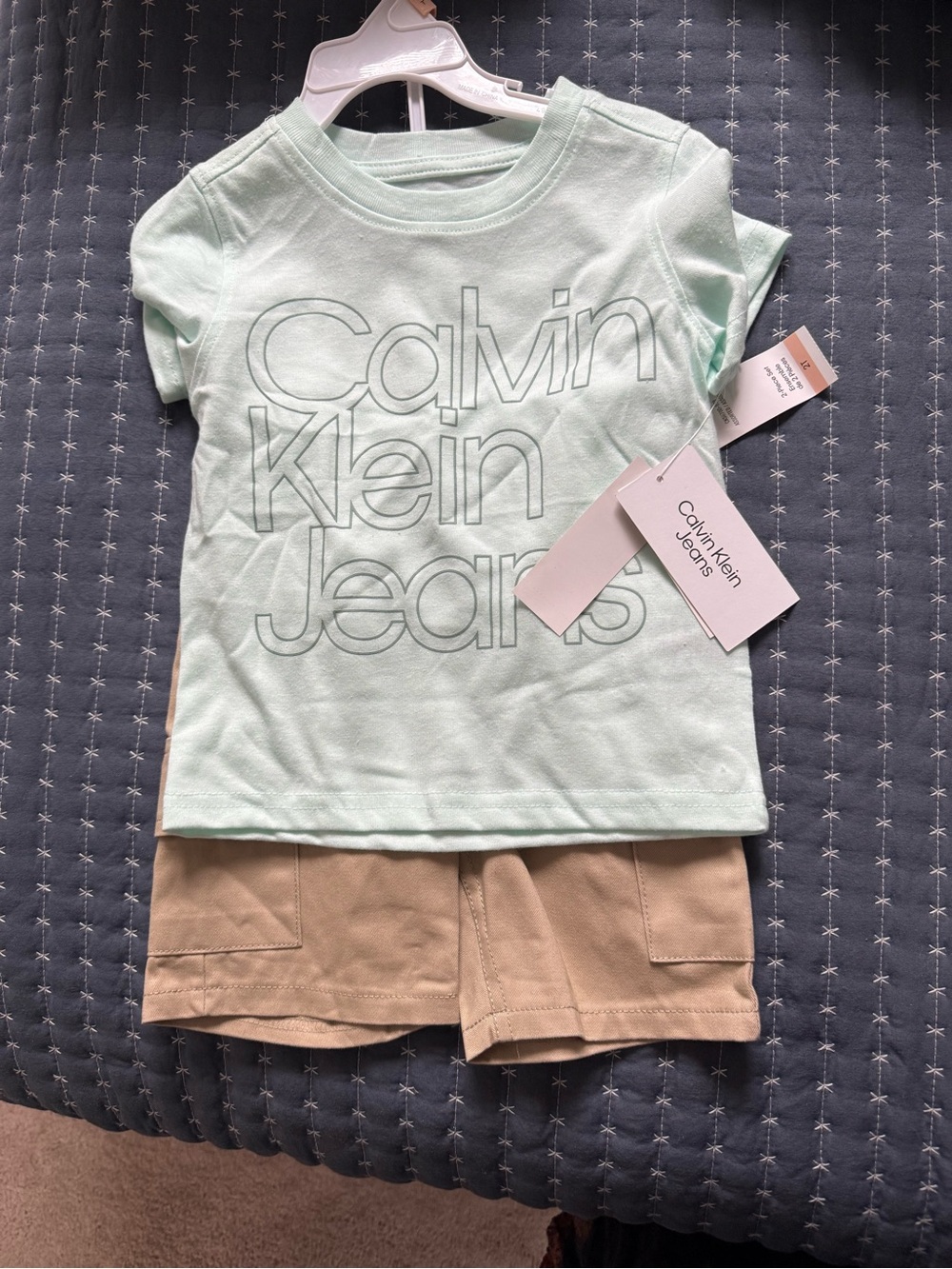 Calvin Klein Jeans Mint Green Logo Tee with Tan Shorts Set